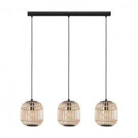 Eglo-BORDESLEY Pendant Light-combination of cane & black metalware-3 Lights Black/Wood
